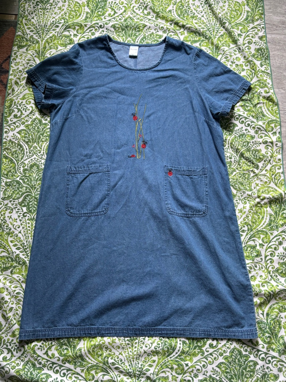 Blair Blue Denim Maxi Dress with lady bug Embroidery